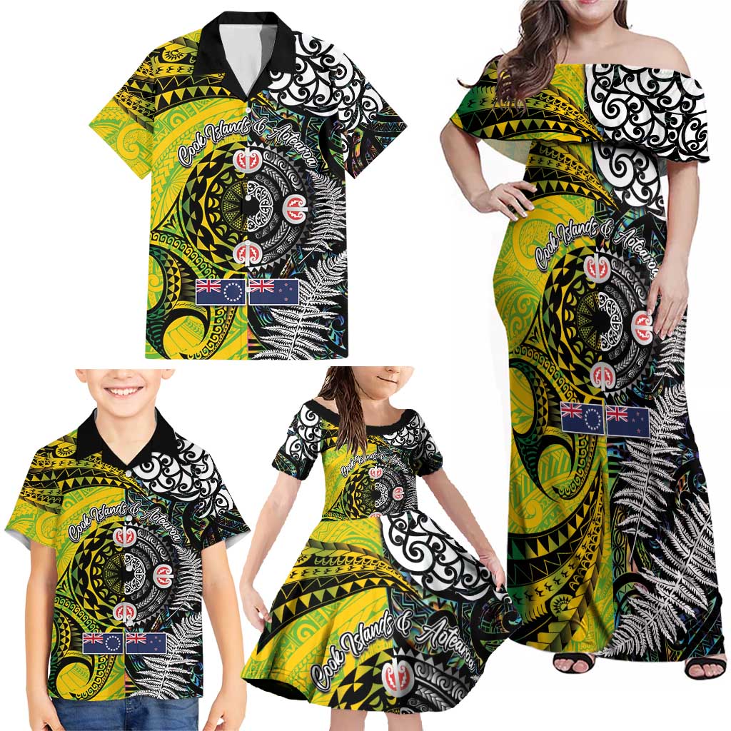 New Zealand and Cook Islands Together Family Matching Off Shoulder Maxi Dress and Hawaiian Shirt Tatau Art Tribal Pattern-Maori Tattoo with Fern and Paua Shell LT03 - Polynesian Pride