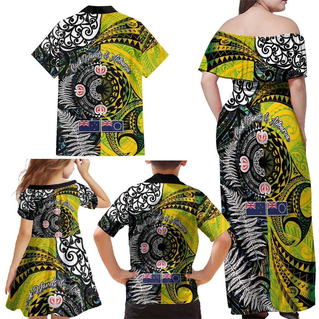 New Zealand and Cook Islands Together Family Matching Off Shoulder Maxi Dress and Hawaiian Shirt Tatau Art Tribal Pattern-Maori Tattoo with Fern and Paua Shell LT03 - Polynesian Pride
