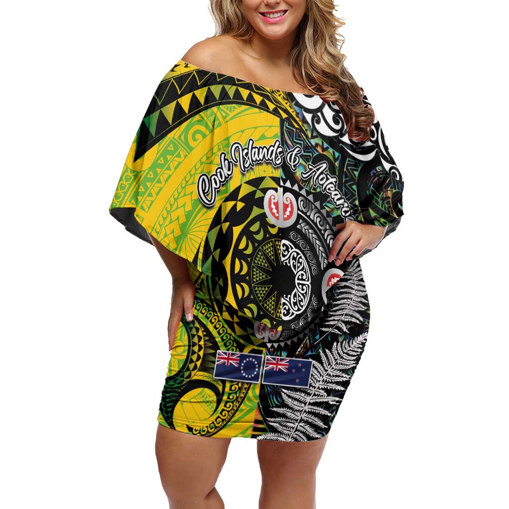 New Zealand and Cook Islands Together Family Matching Off Shoulder Short Dress and Hawaiian Shirt Tatau Art Tribal Pattern-Maori Tattoo with Fern and Paua Shell LT03 Mom's Dress Art - Polynesian Pride