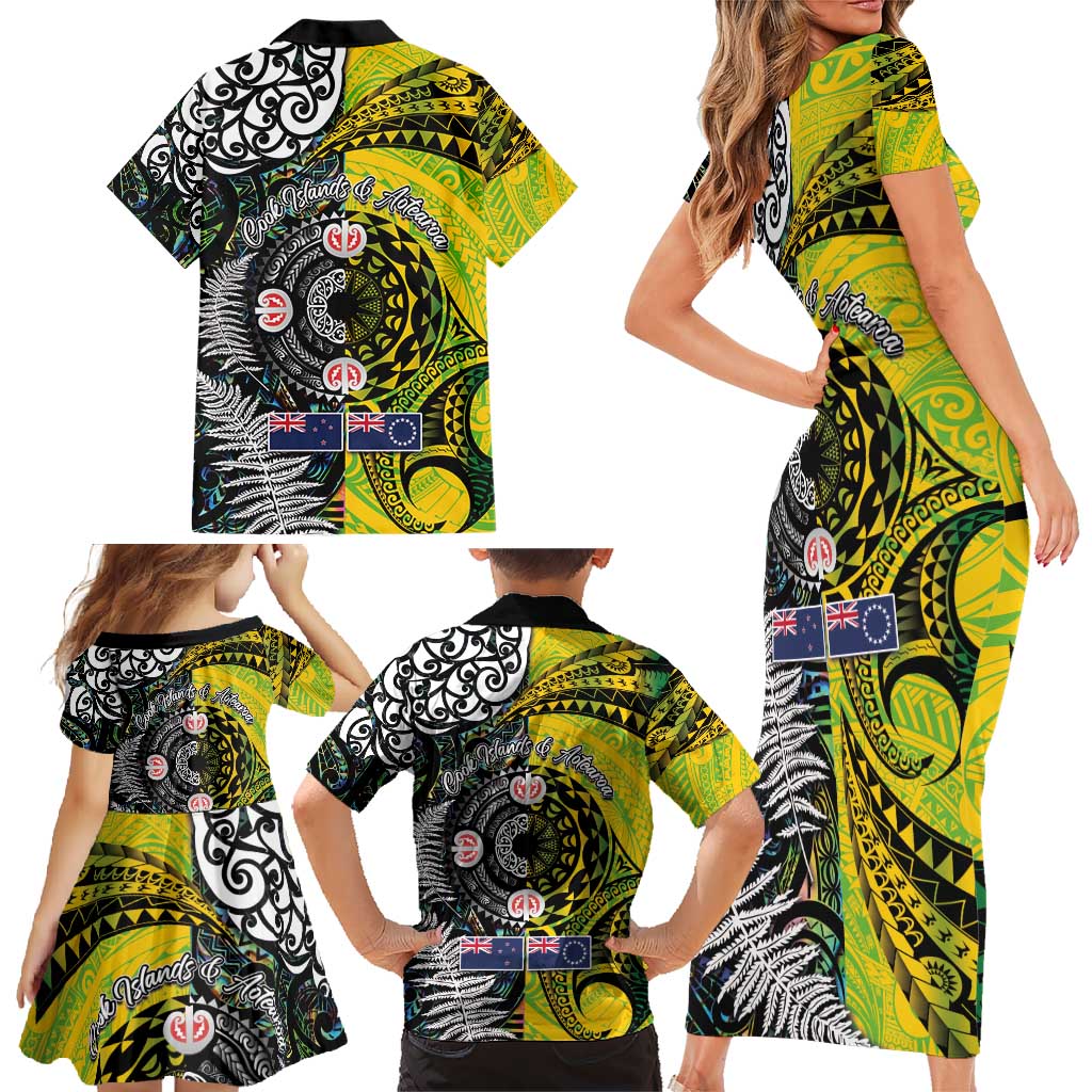 New Zealand and Cook Islands Together Family Matching Short Sleeve Bodycon Dress and Hawaiian Shirt Tatau Art Tribal Pattern-Maori Tattoo with Fern and Paua Shell LT03 - Polynesian Pride