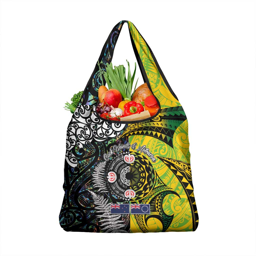 New Zealand and Cook Islands Together Grocery Bag Tatau Art Tribal Pattern-Maori Tattoo with Fern and Paua Shell LT03 1-pack One Size Art - Polynesian Pride