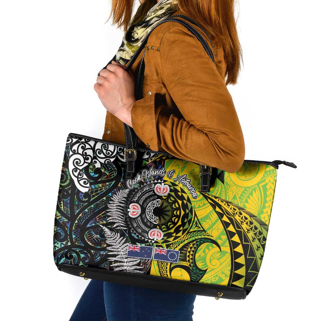 New Zealand and Cook Islands Together Leather Tote Bag Tatau Art Tribal Pattern-Maori Tattoo with Fern and Paua Shell LT03 Art - Polynesian Pride