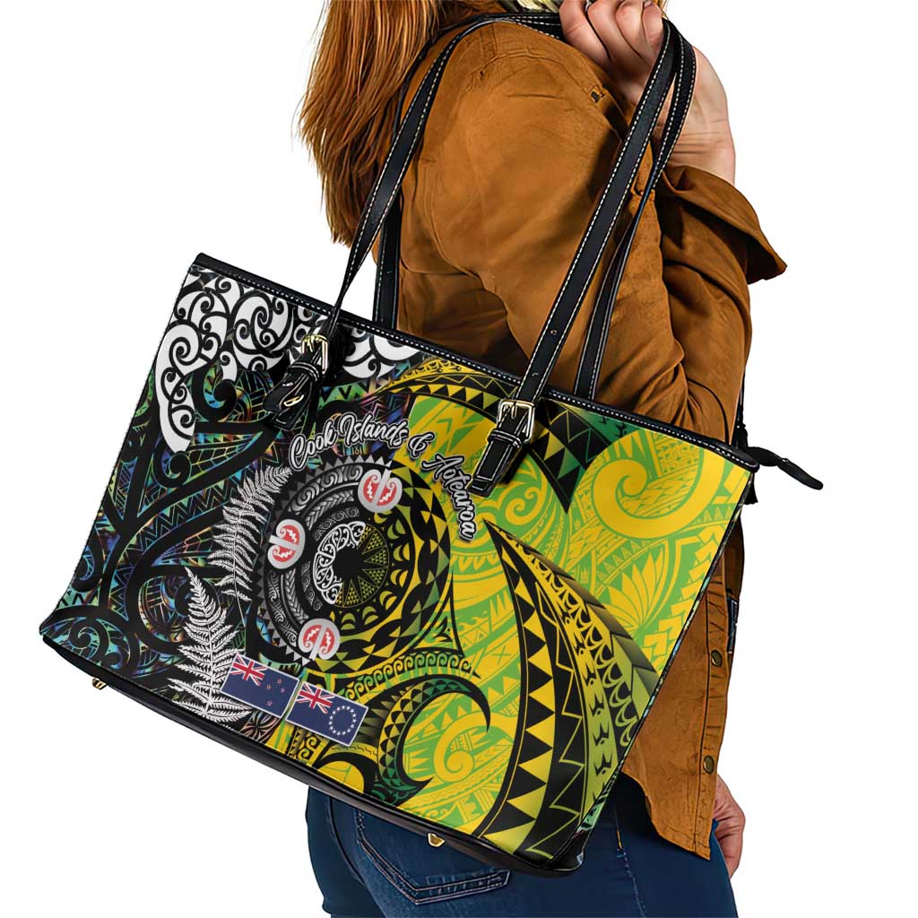 New Zealand and Cook Islands Together Leather Tote Bag Tatau Art Tribal Pattern-Maori Tattoo with Fern and Paua Shell LT03 - Polynesian Pride