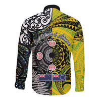 New Zealand and Cook Islands Together Long Sleeve Button Shirt Tatau Art Tribal Pattern-Maori Tattoo with Fern and Paua Shell LT03 - Polynesian Pride