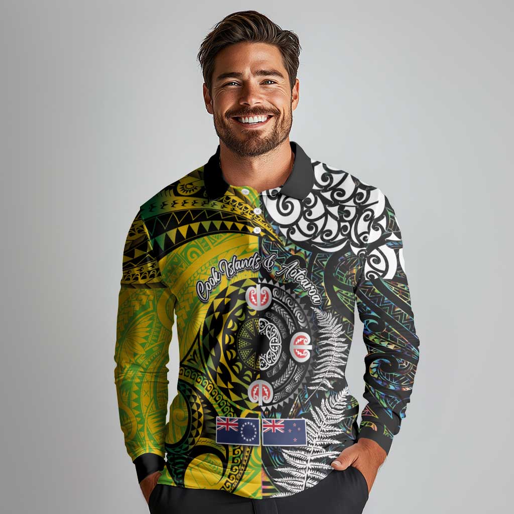 New Zealand and Cook Islands Together Long Sleeve Polo Shirt Tatau Art Tribal Pattern-Maori Tattoo with Fern and Paua Shell LT03 - Polynesian Pride