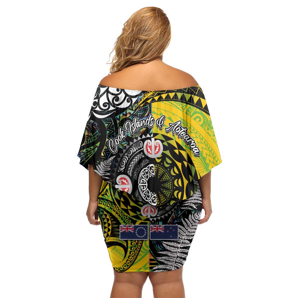 New Zealand and Cook Islands Together Off Shoulder Short Dress Tatau Art Tribal Pattern-Maori Tattoo with Fern and Paua Shell LT03 - Polynesian Pride