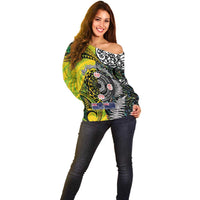 New Zealand and Cook Islands Together Off Shoulder Sweater Tatau Art Tribal Pattern-Maori Tattoo with Fern and Paua Shell LT03 - Polynesian Pride