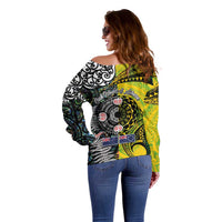 New Zealand and Cook Islands Together Off Shoulder Sweater Tatau Art Tribal Pattern-Maori Tattoo with Fern and Paua Shell LT03 - Polynesian Pride