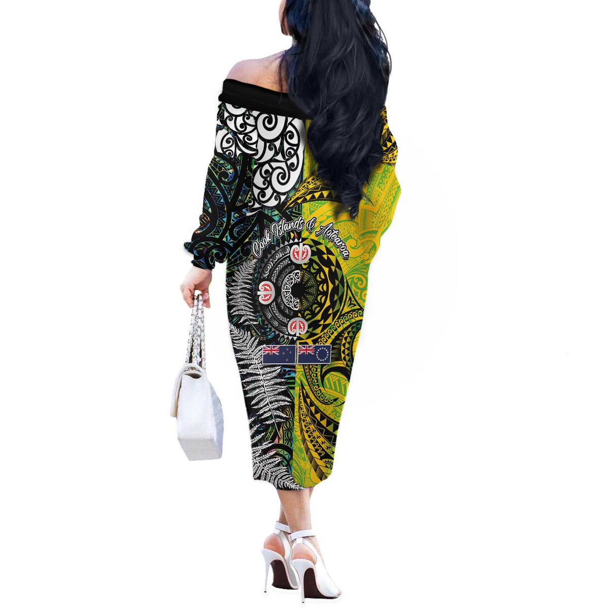 New Zealand and Cook Islands Together Off The Shoulder Long Sleeve Dress Tatau Art Tribal Pattern-Maori Tattoo with Fern and Paua Shell LT03 - Polynesian Pride