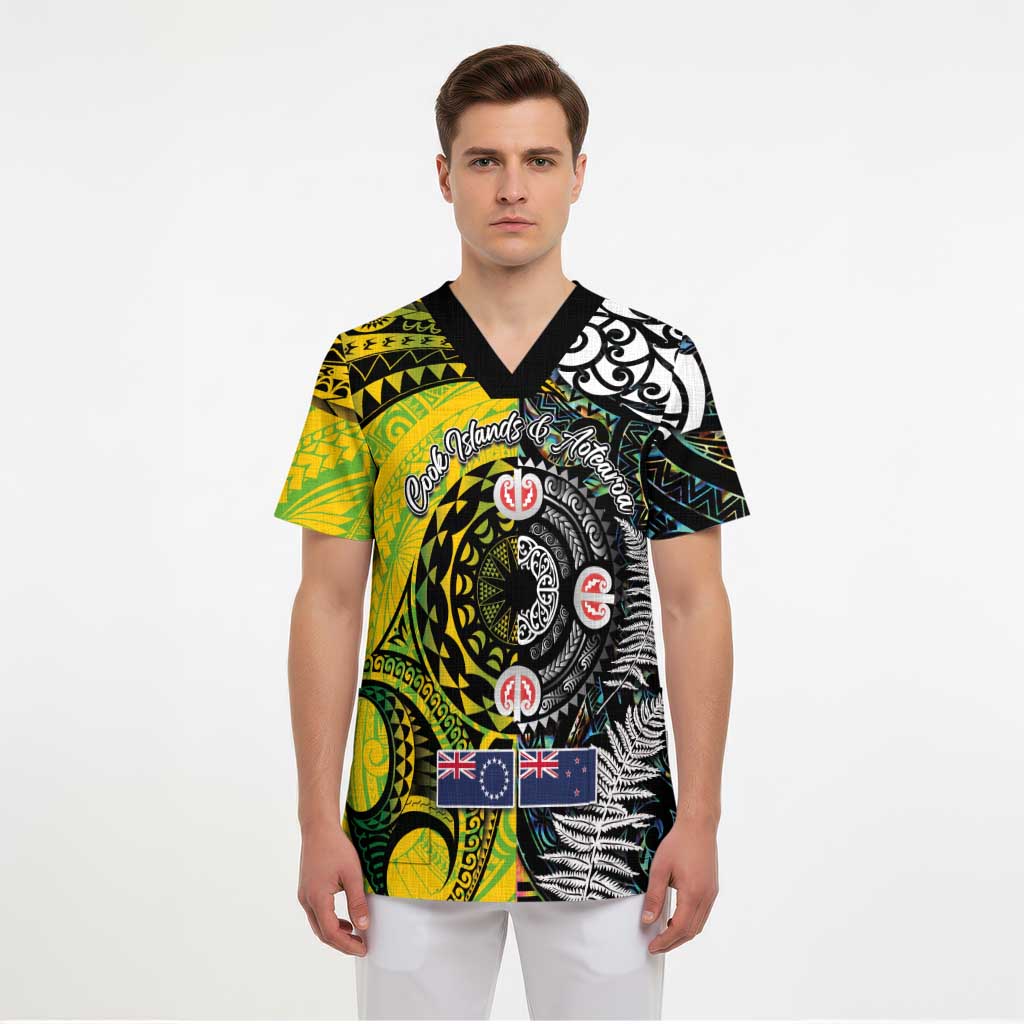 New Zealand and Cook Islands Together Scrub Top Tatau Art Tribal Pattern-Maori Tattoo with Fern and Paua Shell LT03 - Polynesian Pride