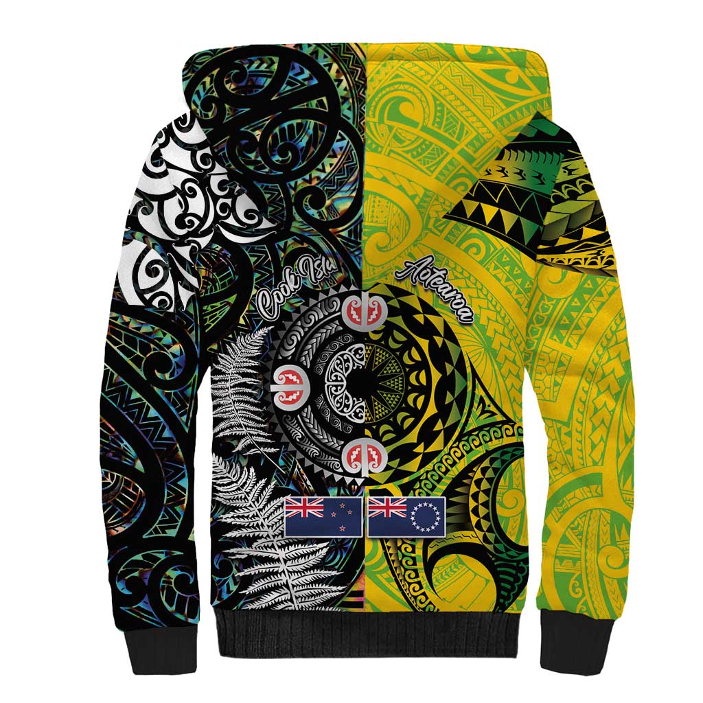 New Zealand and Cook Islands Together Sherpa Hoodie Tatau Art Tribal Pattern-Maori Tattoo with Fern and Paua Shell LT03 - Polynesian Pride