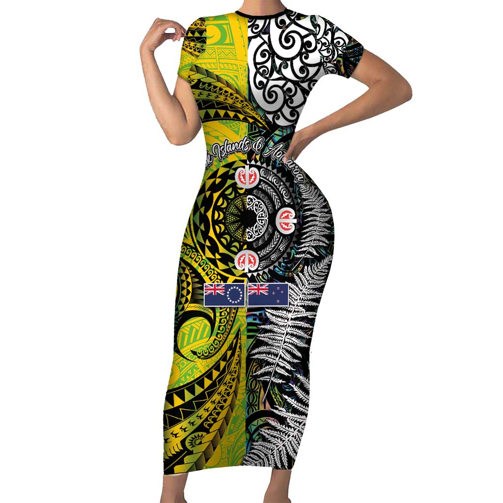 New Zealand and Cook Islands Together Short Sleeve Bodycon Dress Tatau Art Tribal Pattern-Maori Tattoo with Fern and Paua Shell LT03 Long Dress Art - Polynesian Pride