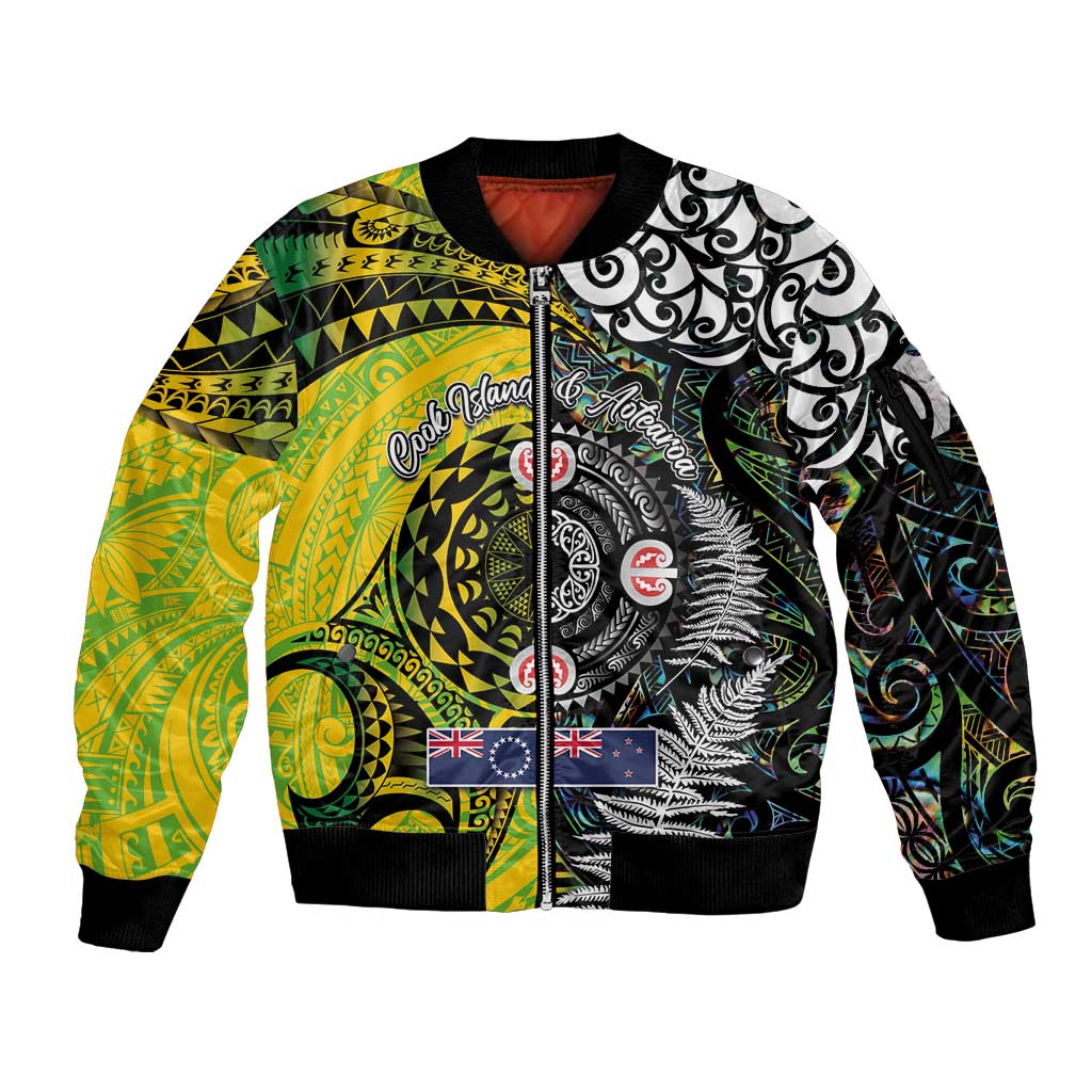 New Zealand and Cook Islands Together Sleeve Zip Bomber Jacket Tatau Art Tribal Pattern-Maori Tattoo with Fern and Paua Shell LT03 Unisex Art - Polynesian Pride
