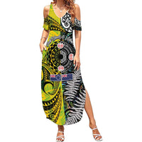 New Zealand and Cook Islands Together Summer Maxi Dress Tatau Art Tribal Pattern-Maori Tattoo with Fern and Paua Shell LT03 Women Art - Polynesian Pride