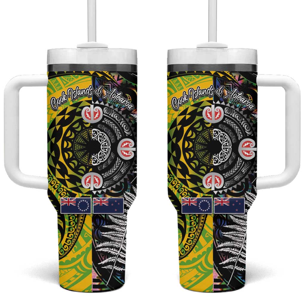New Zealand and Cook Islands Together Tumbler With Handle Tatau Art Tribal Pattern-Maori Tattoo with Fern and Paua Shell LT03 One Size: 40 oz Art - Polynesian Pride