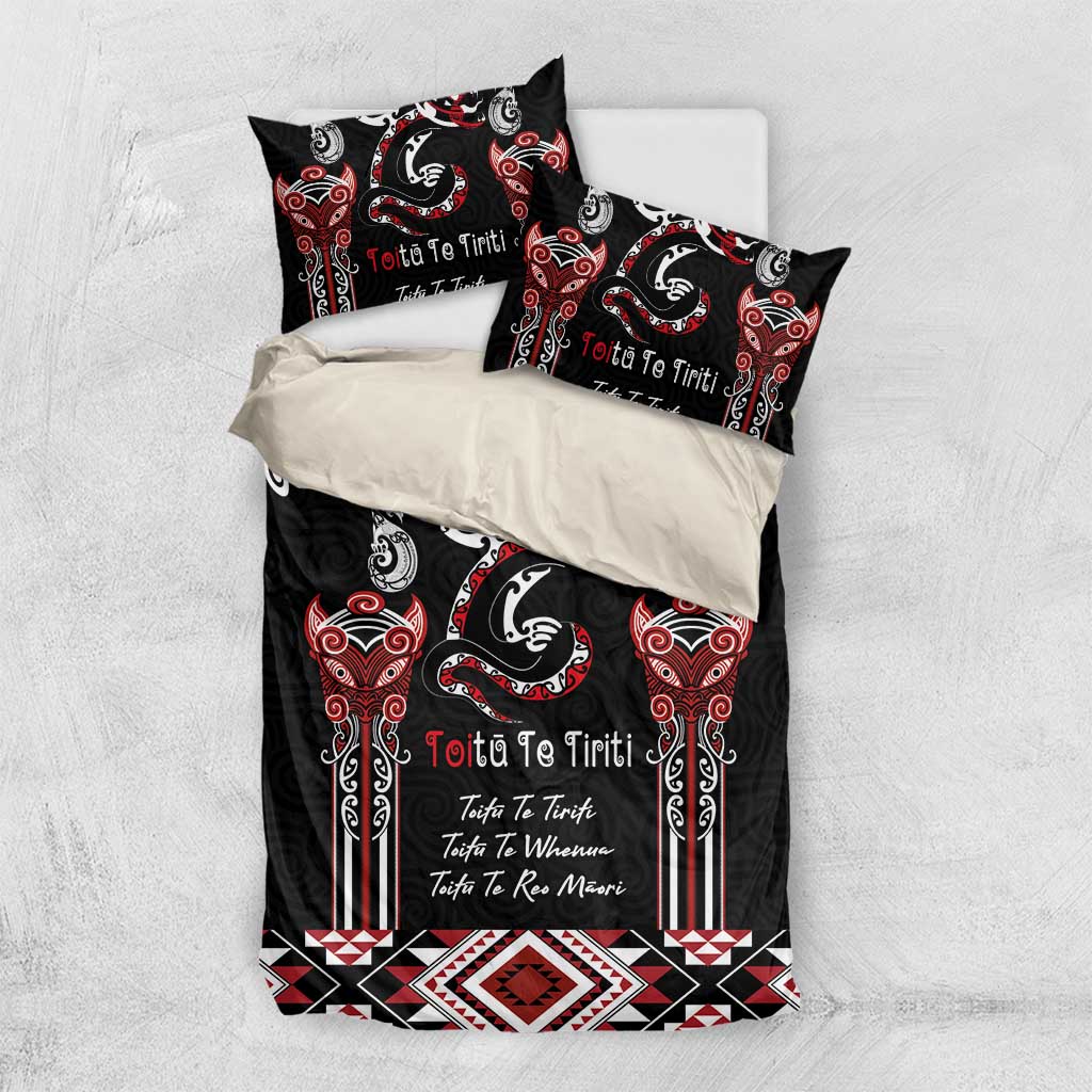 Aotearoa Toitu Te Tiriti-Maori Taniwha Bedding Set Toitu Te Whenua Toitu Te Reo Maori LT03 US Twin 172cm x 218cm Black - Polynesian Pride
