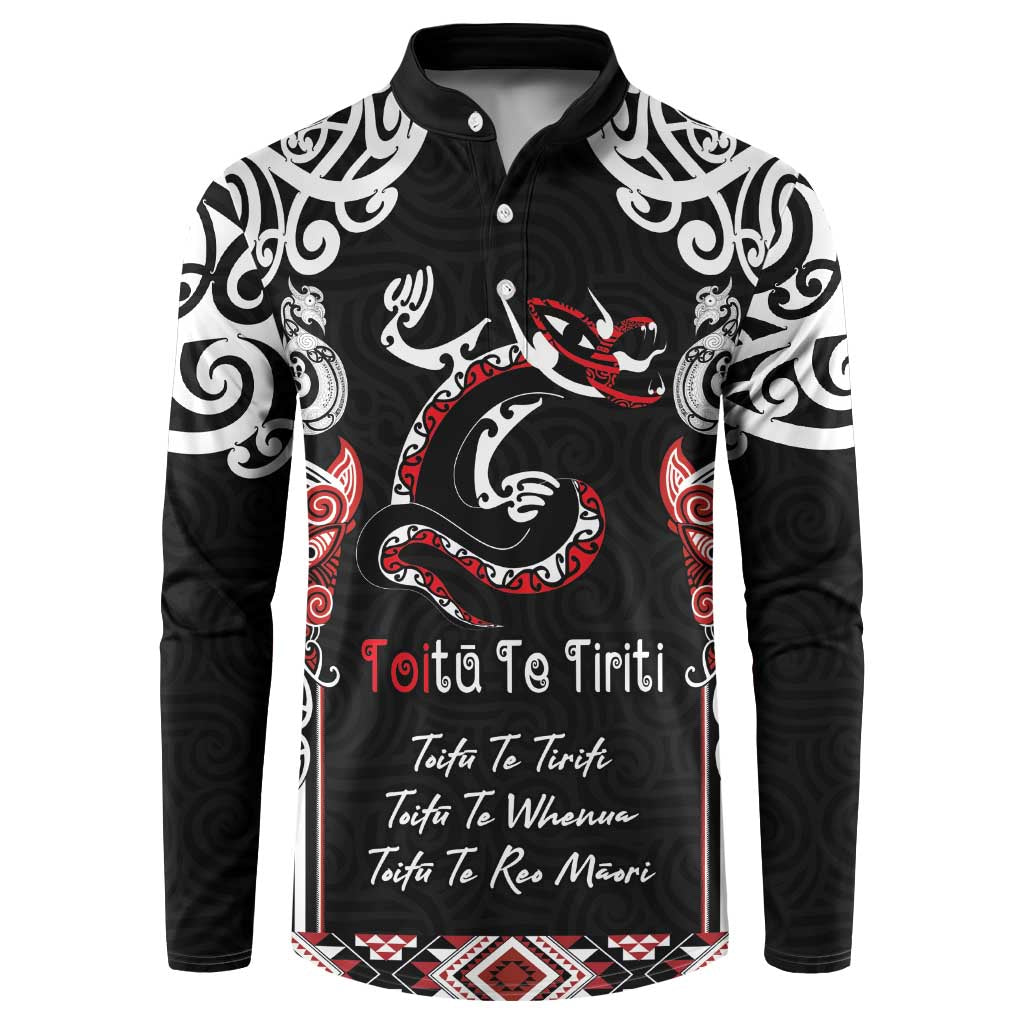 Aotearoa Toitu Te Tiriti-Maori Taniwha Button Sweatshirt Toitu Te Whenua Toitu Te Reo Maori