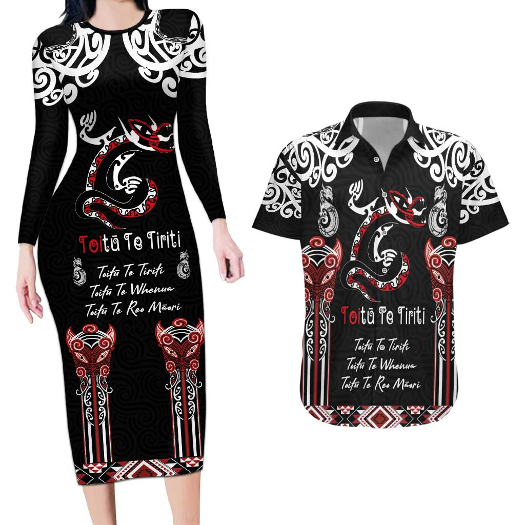 Aotearoa Toitu Te Tiriti-Maori Taniwha Couples Matching Long Sleeve Bodycon Dress and Hawaiian Shirt Toitu Te Whenua Toitu Te Reo Maori