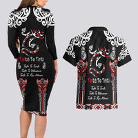 Aotearoa Toitu Te Tiriti-Maori Taniwha Couples Matching Long Sleeve Bodycon Dress and Hawaiian Shirt Toitu Te Whenua Toitu Te Reo Maori LT03 - Polynesian Pride
