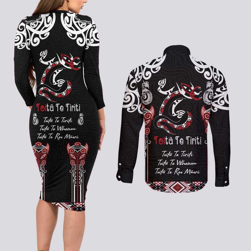 Aotearoa Toitu Te Tiriti-Maori Taniwha Couples Matching Long Sleeve Bodycon Dress and Long Sleeve Button Shirt Toitu Te Whenua Toitu Te Reo Maori LT03 - Polynesian Pride