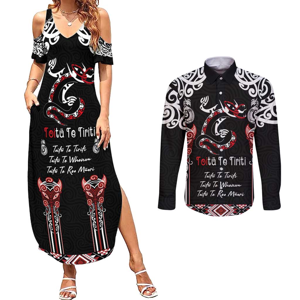 Aotearoa Toitu Te Tiriti-Maori Taniwha Couples Matching Summer Maxi Dress and Long Sleeve Button Shirt Toitu Te Whenua Toitu Te Reo Maori LT03 Black - Polynesian Pride