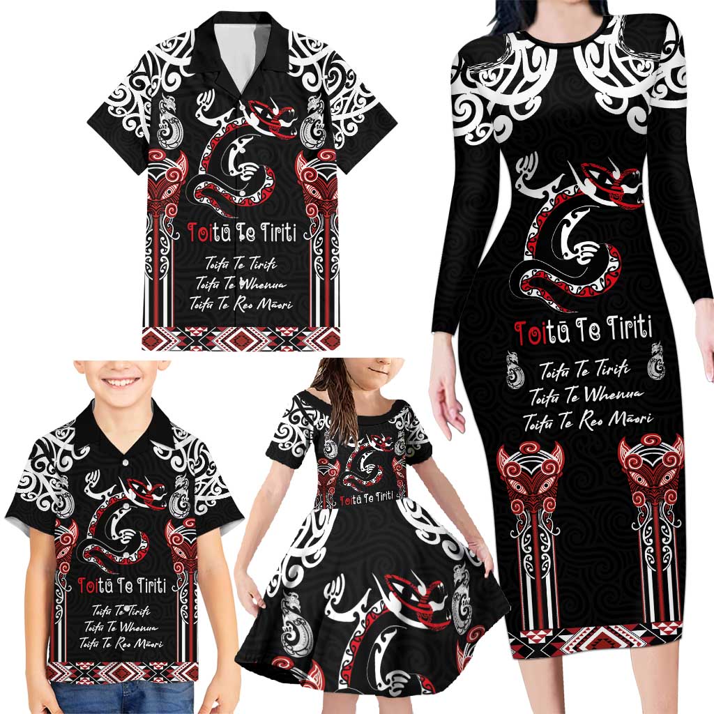 Aotearoa Toitu Te Tiriti-Maori Taniwha Family Matching Long Sleeve Bodycon Dress and Hawaiian Shirt Toitu Te Whenua Toitu Te Reo Maori LT03 - Polynesian Pride
