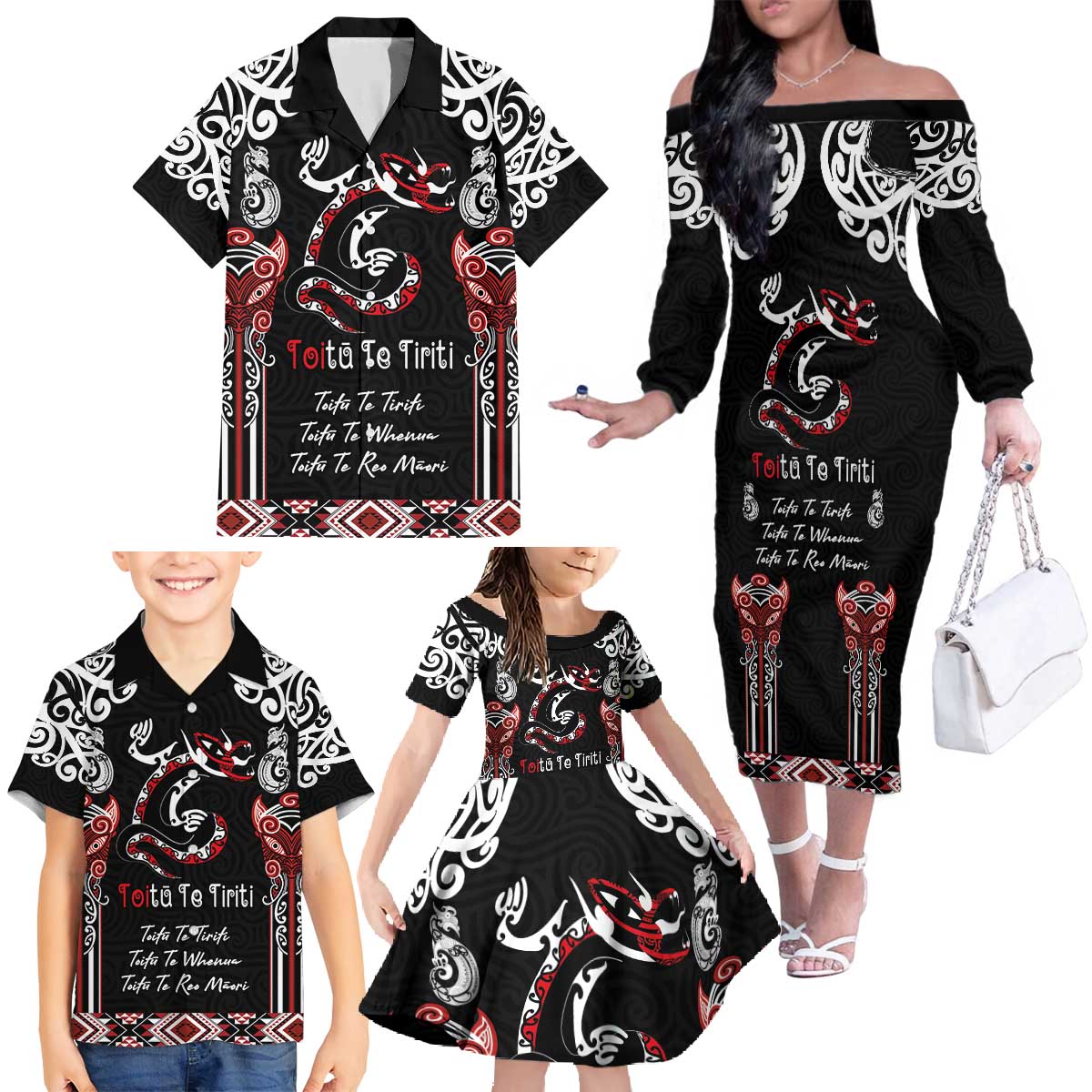 Aotearoa Toitu Te Tiriti-Maori Taniwha Family Matching Off The Shoulder Long Sleeve Dress and Hawaiian Shirt Toitu Te Whenua Toitu Te Reo Maori LT03 - Polynesian Pride