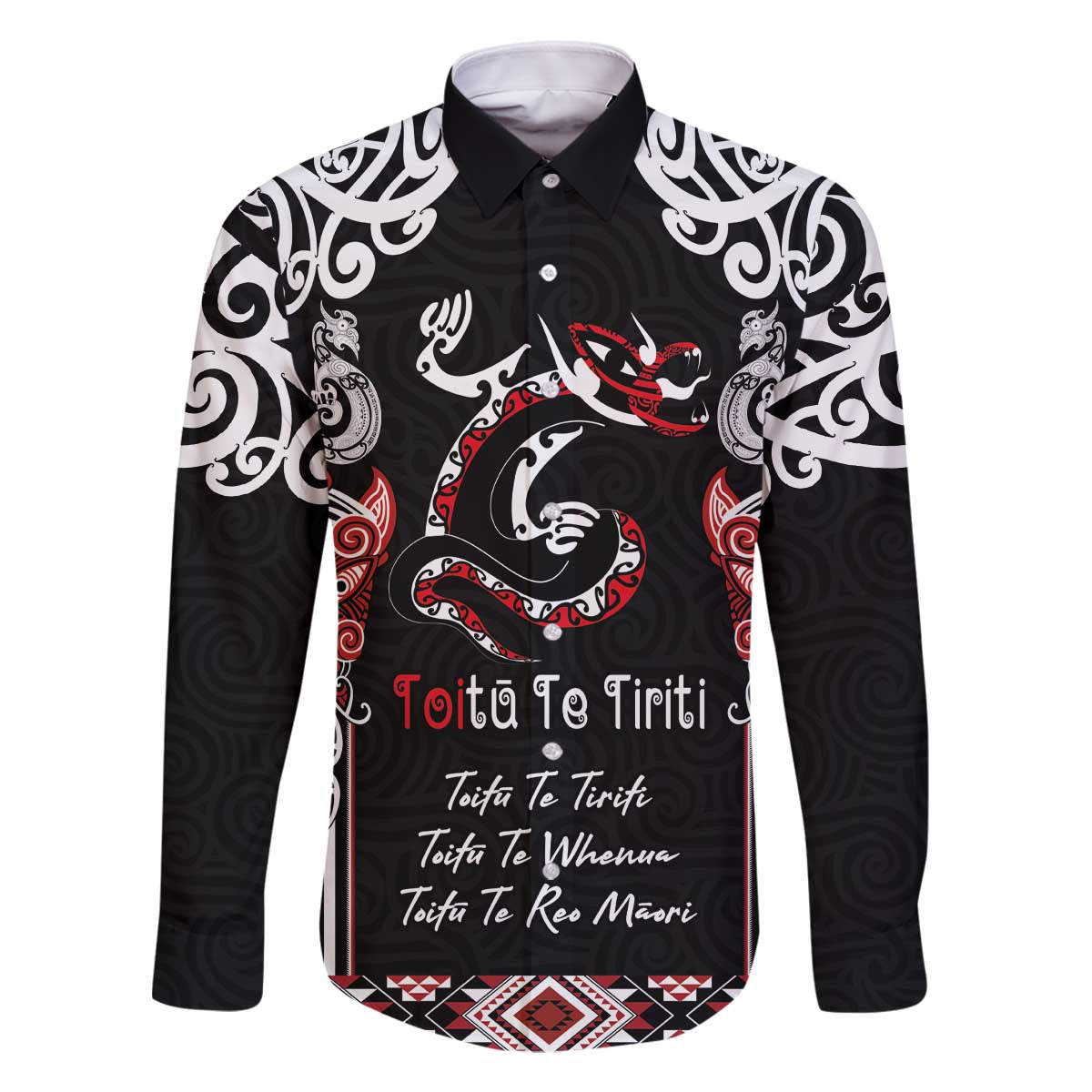 Aotearoa Toitu Te Tiriti-Maori Taniwha Family Matching Off The Shoulder Long Sleeve Dress and Hawaiian Shirt Toitu Te Whenua Toitu Te Reo Maori LT03 Dad's Shirt - Long Sleeve Black - Polynesian Pride