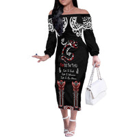 Aotearoa Toitu Te Tiriti-Maori Taniwha Family Matching Off The Shoulder Long Sleeve Dress and Hawaiian Shirt Toitu Te Whenua Toitu Te Reo Maori LT03 Mom's Dress Black - Polynesian Pride
