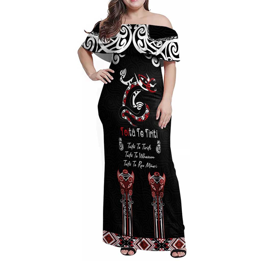 Aotearoa Toitu Te Tiriti-Maori Taniwha Family Matching Off Shoulder Maxi Dress and Hawaiian Shirt Toitu Te Whenua Toitu Te Reo Maori LT03 Mom's Dress Black - Polynesian Pride
