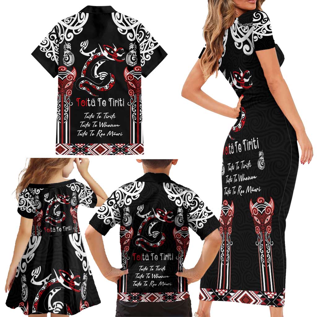 Aotearoa Toitu Te Tiriti-Maori Taniwha Family Matching Short Sleeve Bodycon Dress and Hawaiian Shirt Toitu Te Whenua Toitu Te Reo Maori LT03 - Polynesian Pride