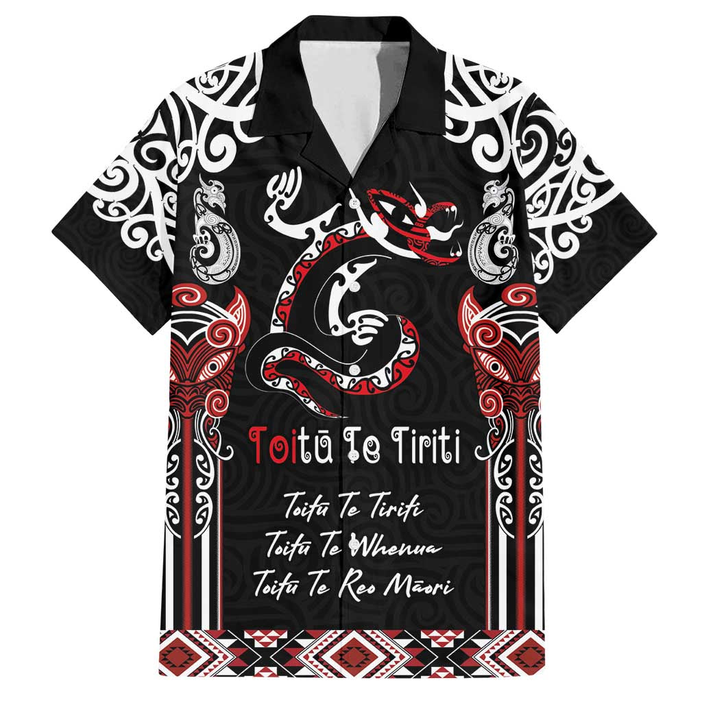 Aotearoa Toitu Te Tiriti-Maori Taniwha Family Matching Tank Maxi Dress and Hawaiian Shirt Toitu Te Whenua Toitu Te Reo Maori LT03 Dad's Shirt - Short Sleeve Black - Polynesian Pride