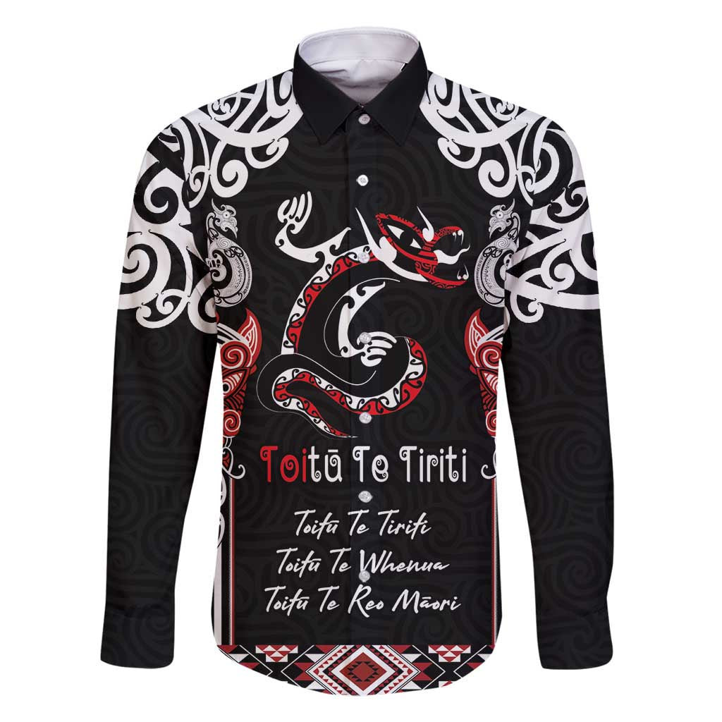 Aotearoa Toitu Te Tiriti-Maori Taniwha Family Matching Tank Maxi Dress and Hawaiian Shirt Toitu Te Whenua Toitu Te Reo Maori LT03 Dad's Shirt - Long Sleeve Black - Polynesian Pride