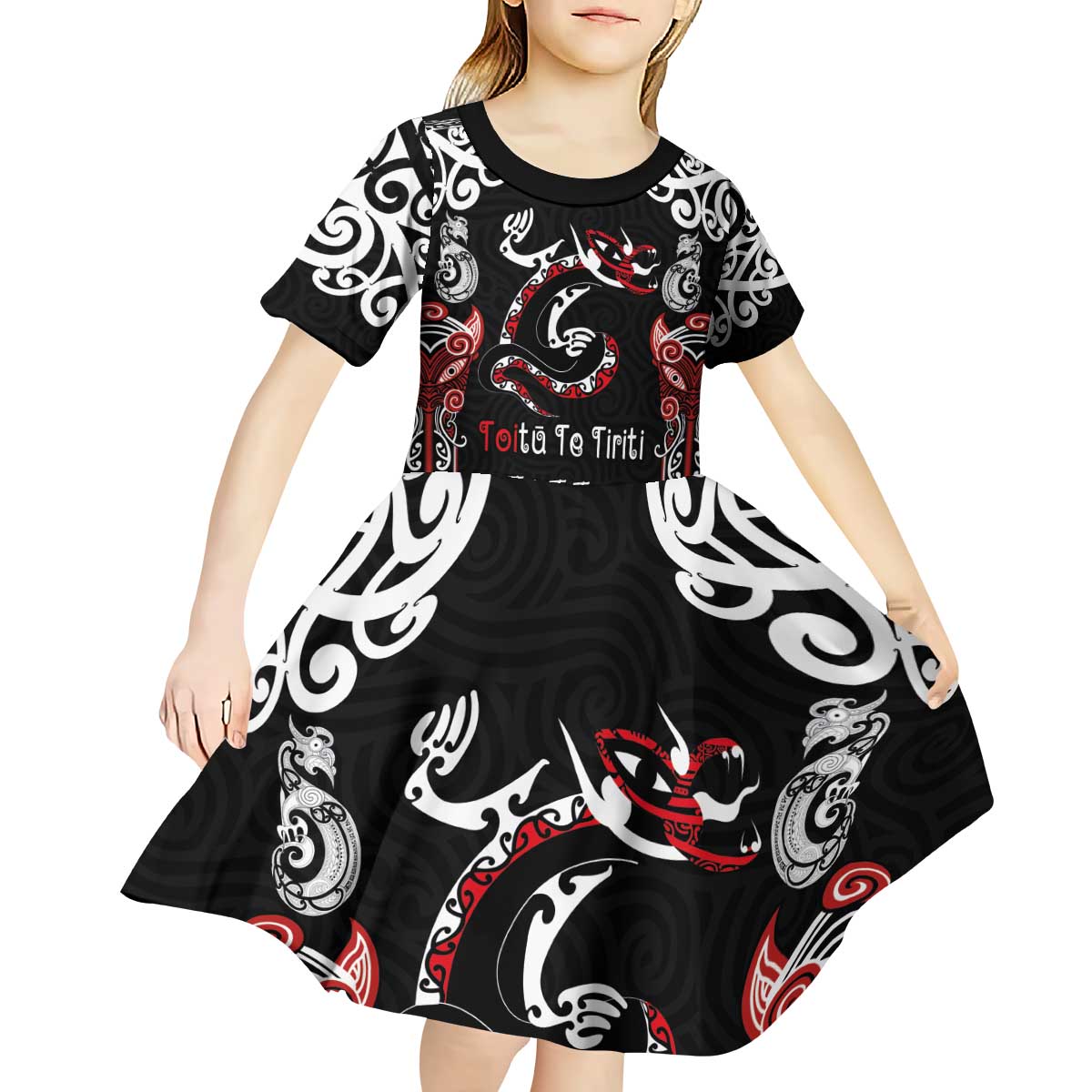 Aotearoa Toitu Te Tiriti-Maori Taniwha Kid Short Sleeve Dress Toitu Te Whenua Toitu Te Reo Maori LT03 - Polynesian Pride