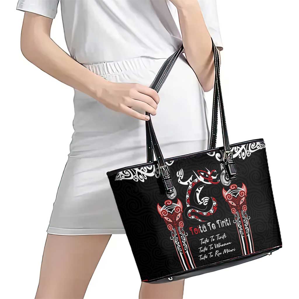 Aotearoa Toitu Te Tiriti-Maori Taniwha Leather Tote Bag Toitu Te Whenua Toitu Te Reo Maori LT03 - Polynesian Pride