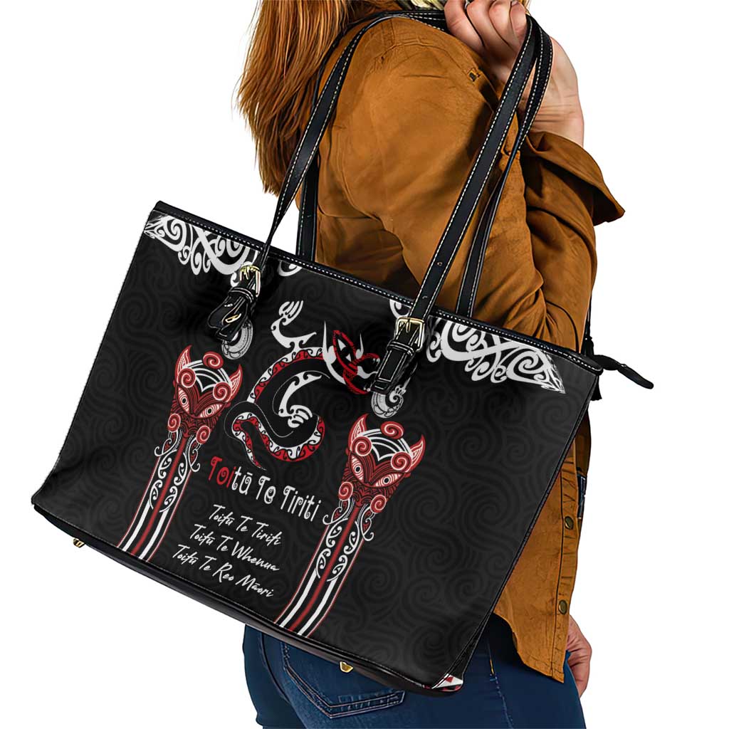 Aotearoa Toitu Te Tiriti-Maori Taniwha Leather Tote Bag Toitu Te Whenua Toitu Te Reo Maori LT03 - Polynesian Pride