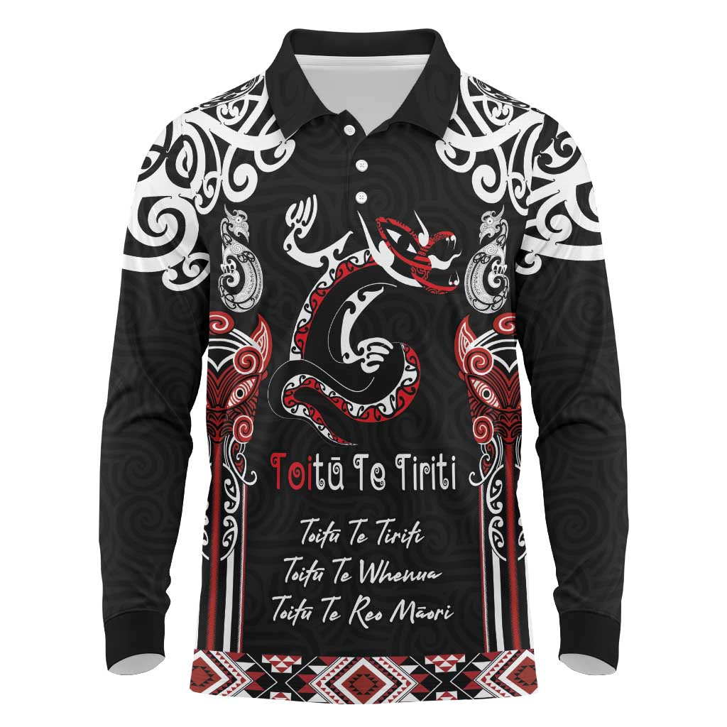 Aotearoa Toitu Te Tiriti-Maori Taniwha Long Sleeve Polo Shirt Toitu Te Whenua Toitu Te Reo Maori LT03 Black - Polynesian Pride