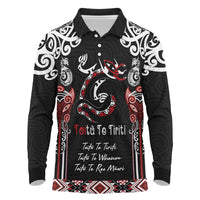 Aotearoa Toitu Te Tiriti-Maori Taniwha Long Sleeve Polo Shirt Toitu Te Whenua Toitu Te Reo Maori LT03 Black - Polynesian Pride
