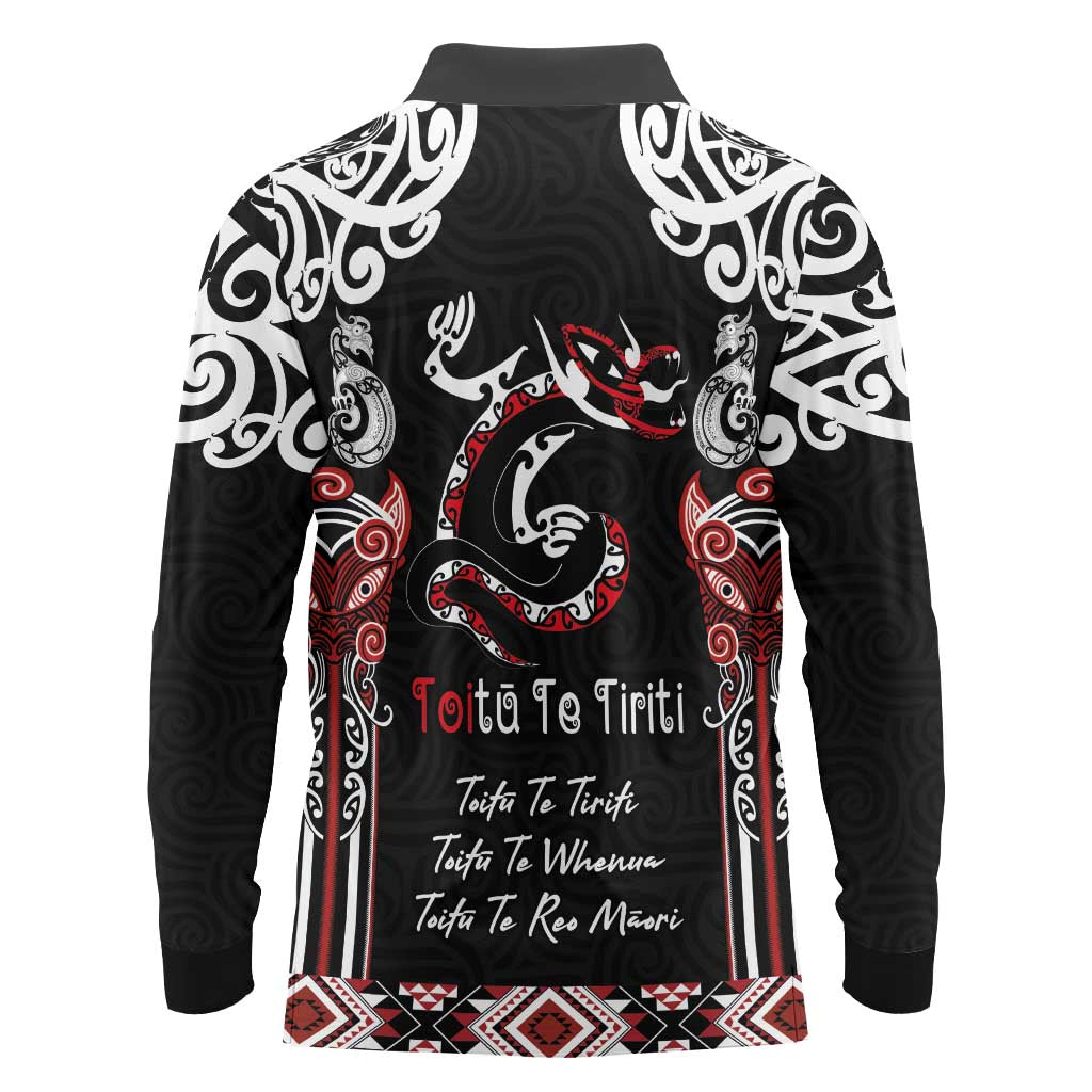 Aotearoa Toitu Te Tiriti-Maori Taniwha Long Sleeve Polo Shirt Toitu Te Whenua Toitu Te Reo Maori LT03 - Polynesian Pride
