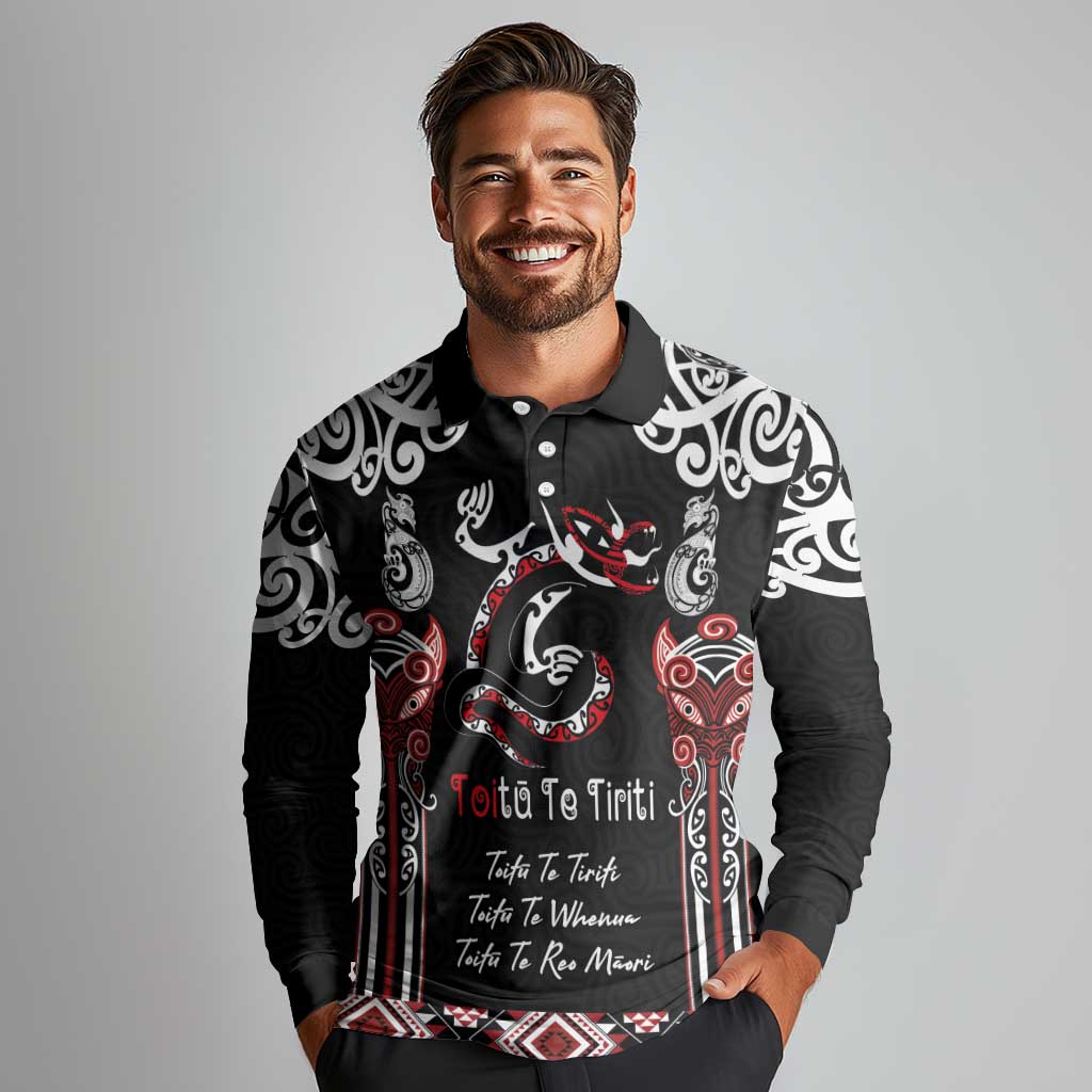 Aotearoa Toitu Te Tiriti-Maori Taniwha Long Sleeve Polo Shirt Toitu Te Whenua Toitu Te Reo Maori LT03 - Polynesian Pride