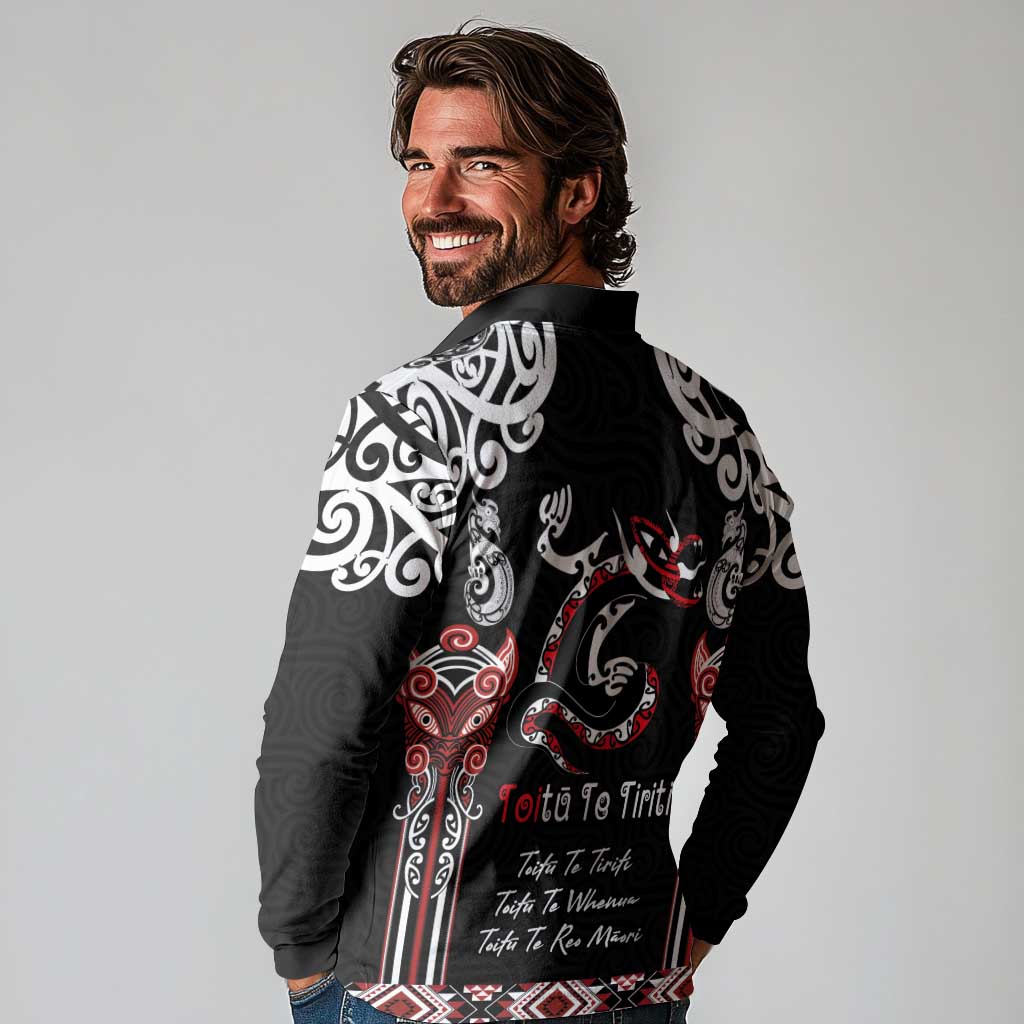 Aotearoa Toitu Te Tiriti-Maori Taniwha Long Sleeve Polo Shirt Toitu Te Whenua Toitu Te Reo Maori LT03 - Polynesian Pride