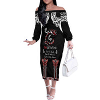 Aotearoa Toitu Te Tiriti-Maori Taniwha Off The Shoulder Long Sleeve Dress Toitu Te Whenua Toitu Te Reo Maori LT03 Women Black - Polynesian Pride
