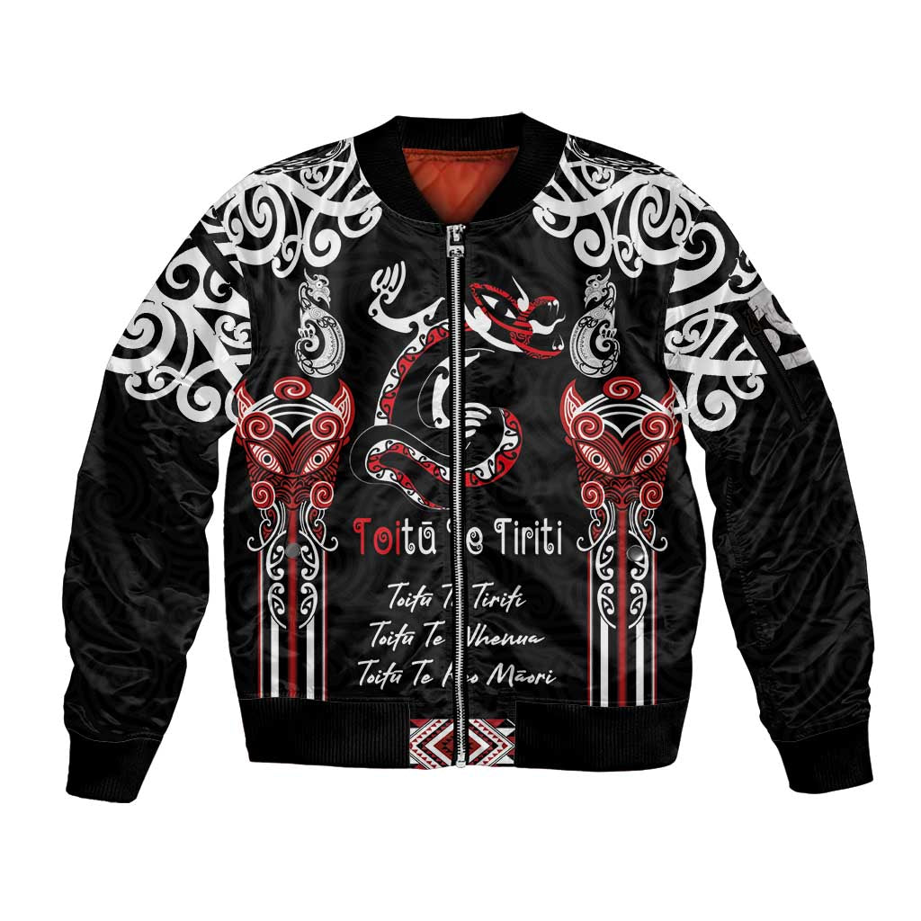 Aotearoa Toitu Te Tiriti-Maori Taniwha Sleeve Zip Bomber Jacket Toitu Te Whenua Toitu Te Reo Maori LT03 Unisex Black - Polynesian Pride