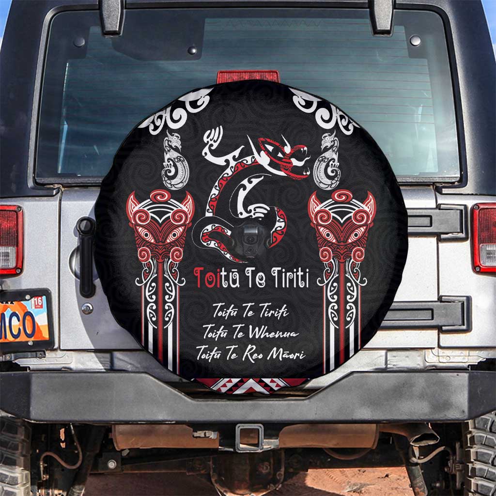 Aotearoa Toitu Te Tiriti-Maori Taniwha Spare Tire Cover Toitu Te Whenua Toitu Te Reo Maori LT03 Black - Polynesian Pride
