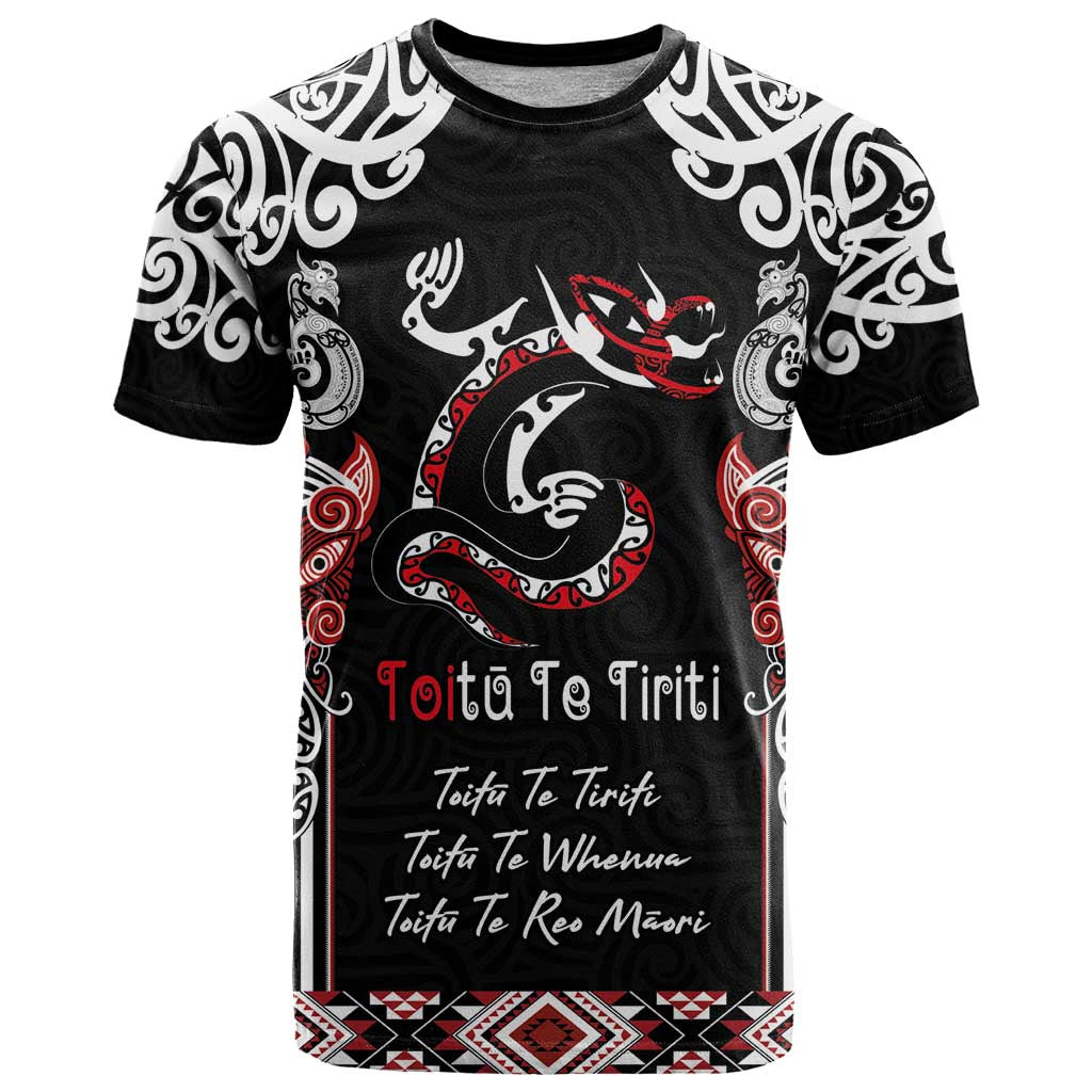 Aotearoa Toitu Te Tiriti-Maori Taniwha T Shirt Toitu Te Whenua Toitu Te Reo Maori LT03 Black - Polynesian Pride