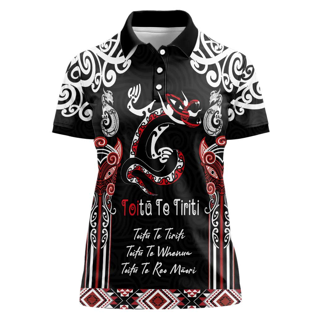 Aotearoa Toitu Te Tiriti-Maori Taniwha Women Polo Shirt Toitu Te Whenua Toitu Te Reo Maori LT03 Female Black - Polynesian Pride