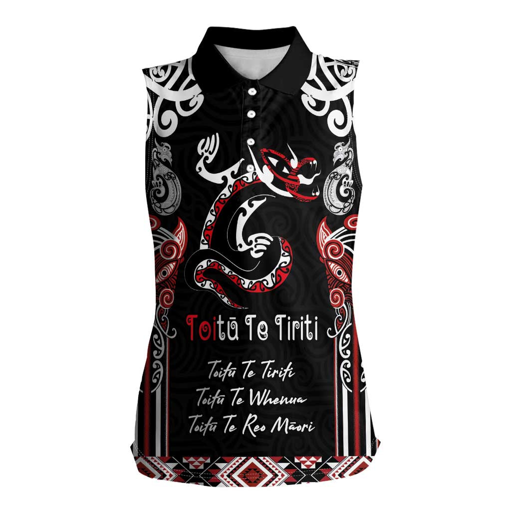 Aotearoa Toitu Te Tiriti-Maori Taniwha Women Sleeveless Polo Shirt Toitu Te Whenua Toitu Te Reo Maori LT03 Female Black - Polynesian Pride