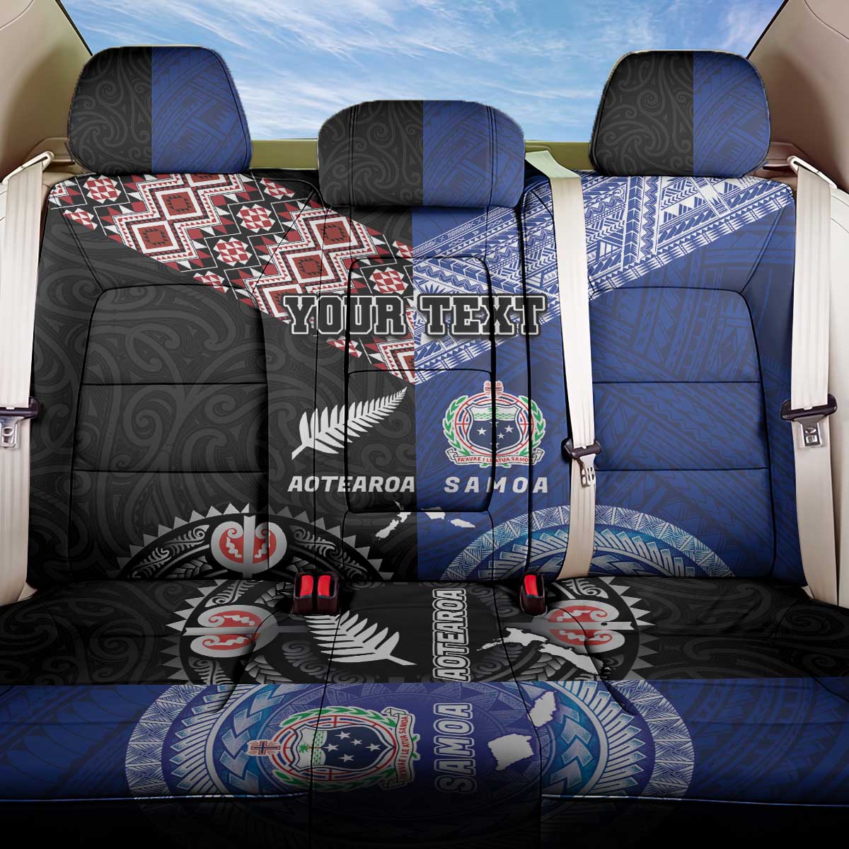 Personalised Aotearoa and Samoa Together Back Car Seat Cover Tatau Art Tattoos-Taniko and Tukutuku with Maori Pattern LT03 One Size Black - Polynesian Pride