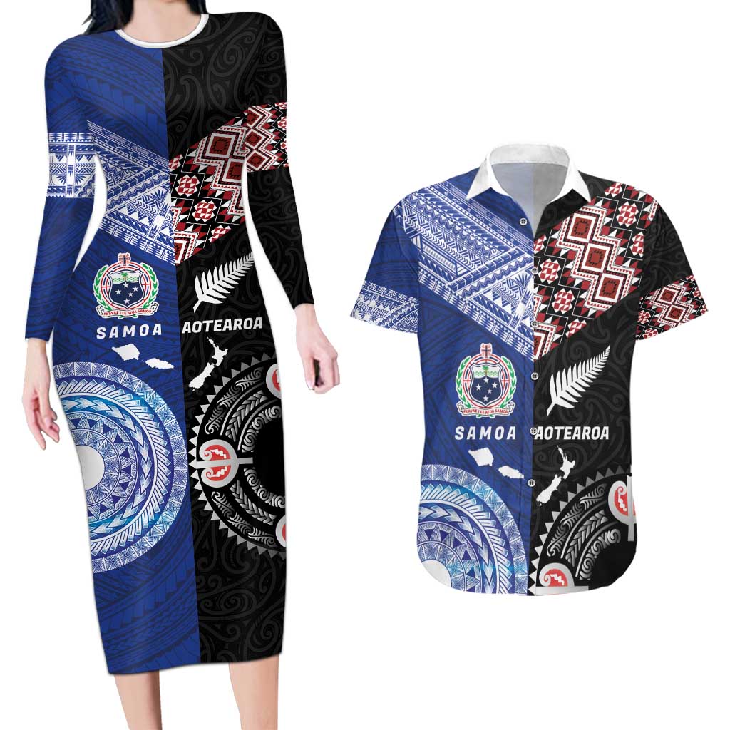 Personalised Aotearoa and Samoa Together Couples Matching Long Sleeve Bodycon Dress and Hawaiian Shirt Tatau Art Tattoos-Taniko and Tukutuku with Maori Pattern LT03 Black - Polynesian Pride