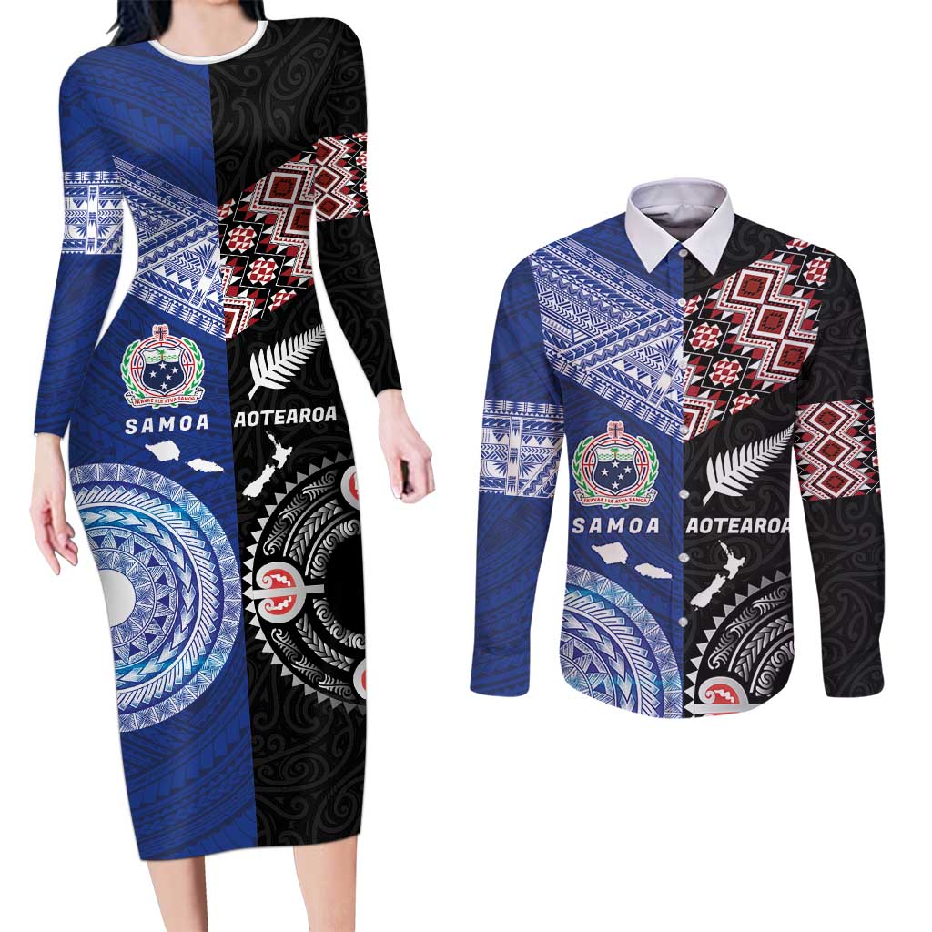 Personalised Aotearoa and Samoa Together Couples Matching Long Sleeve Bodycon Dress and Long Sleeve Button Shirt Tatau Art Tattoos-Taniko and Tukutuku with Maori Pattern LT03 Black - Polynesian Pride